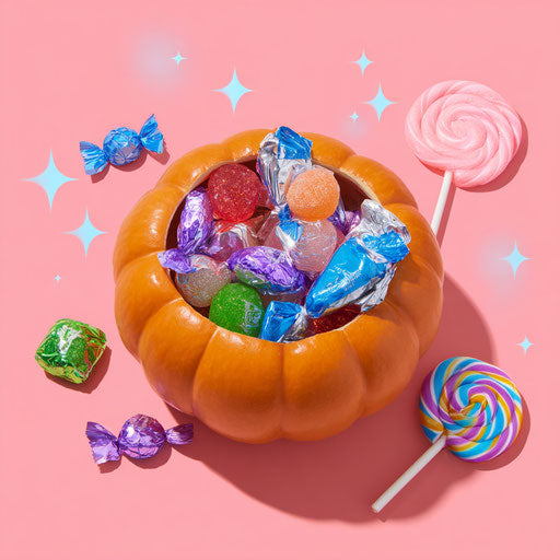 Colorful Candies Surrounding a Pumpkin Bowl