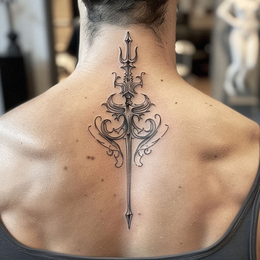Trident tattoo with flowing Art Nouveau lines on white surface