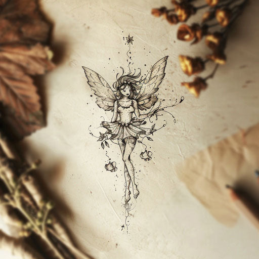 Whimsical flat tattoo sketch of a fairy with delicate wings and pixie dust