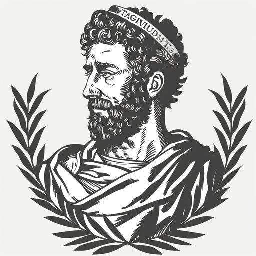 Beautiful flat tattoo sketch of Marcus Aurelius in stoic pose with laurel wreath