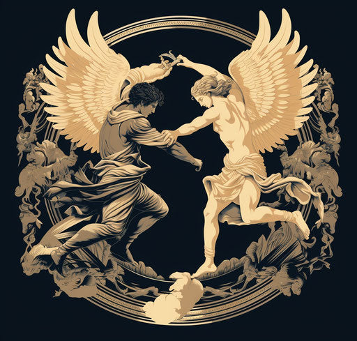 Angel fighting in symbolic iconography style