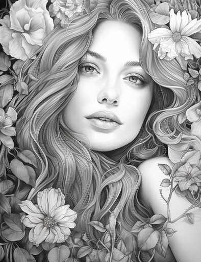 Woman surrounded by flowers and plants, adult coloring page