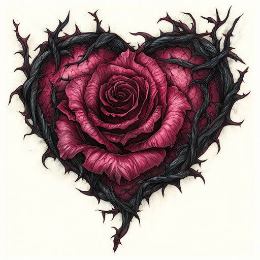 Rose in a heart with black thorns, dark red and pink colors, gothic style