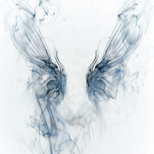 Angel wings in spectral smoke on clean white backdrop