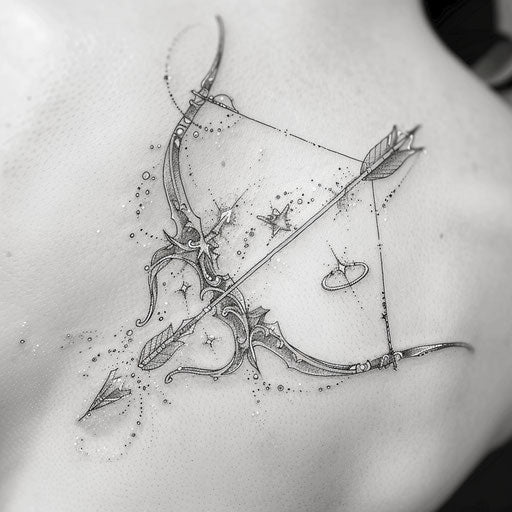 Sketch of bow and arrow tattoo with cosmic theme