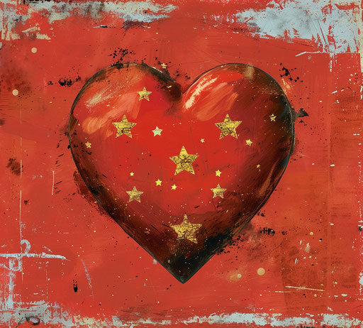 Red heart with golden stars, modern character design style
