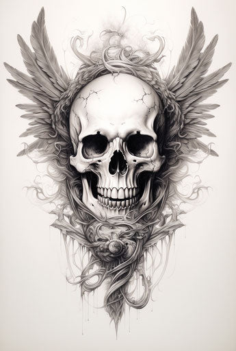 Skull drawing with wings and fish, sgraffito style, 51:76