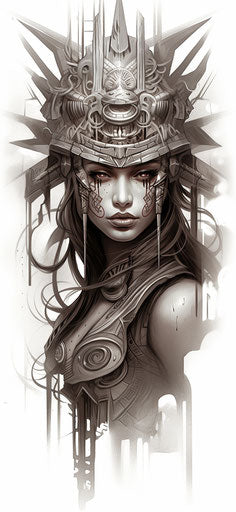 Woman with tattoo, Aztec art style, silver and white