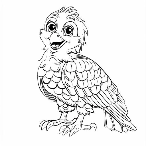 A cute cartoon eagle with a smiling face and simple details. Coloring book page