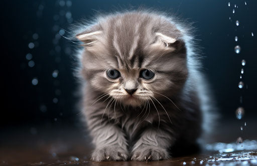 Adorable kitten crying, dark gray and light blue style