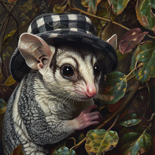 A sugar glider in a Sherlock Holmes cap solving the case of the missing seeds