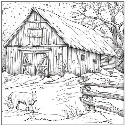 Snow-covered barn in winter