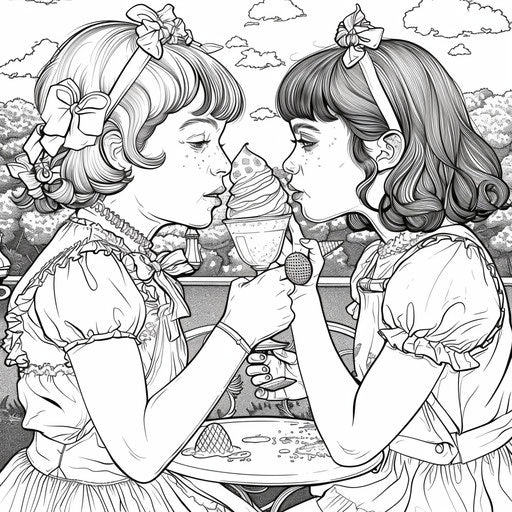 Whimsical scene of best friends sharing an ice cream sundae
