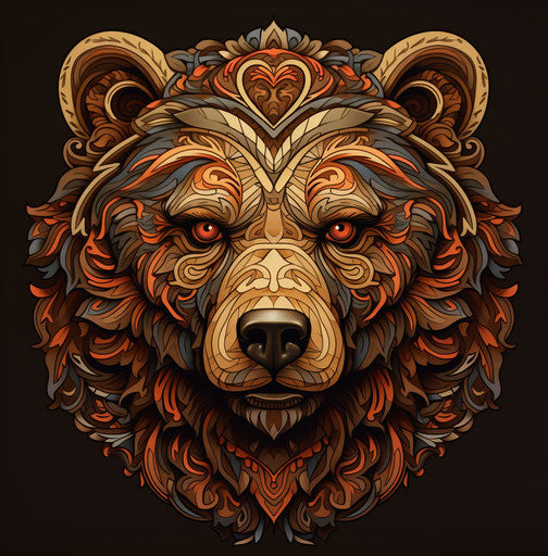 Brown bear head in tattoo style, colorful woodcarvings, maroon and beige