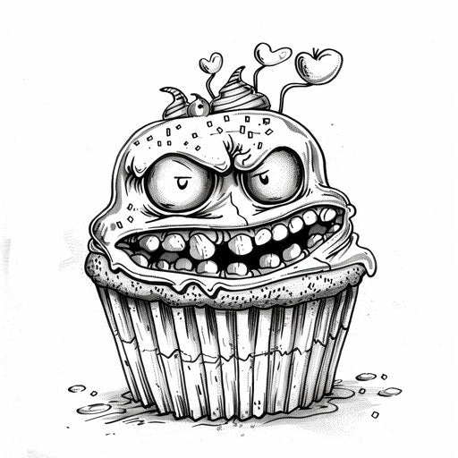 Humorous cupcake with funny faces in the style of Andy Marlette, Coloring book page