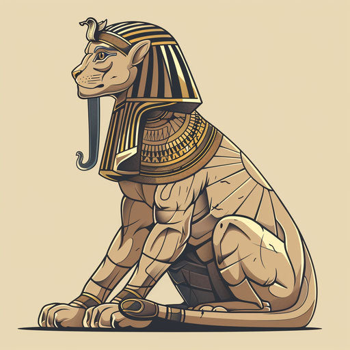 Exotic flat tattoo sketch of an Egyptian sphinx, sandy beige and gold