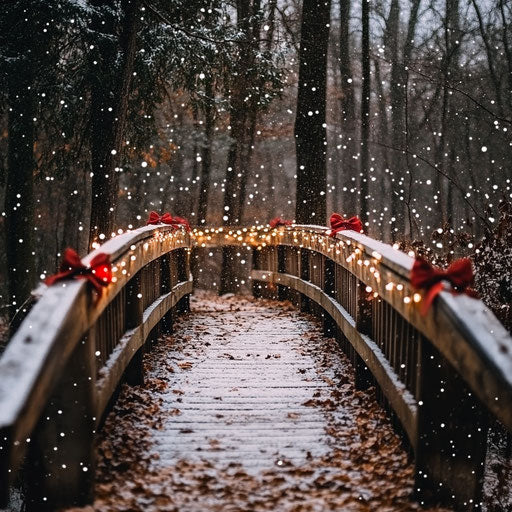 Wooden bridge in the forest with white garlands and fresh snow