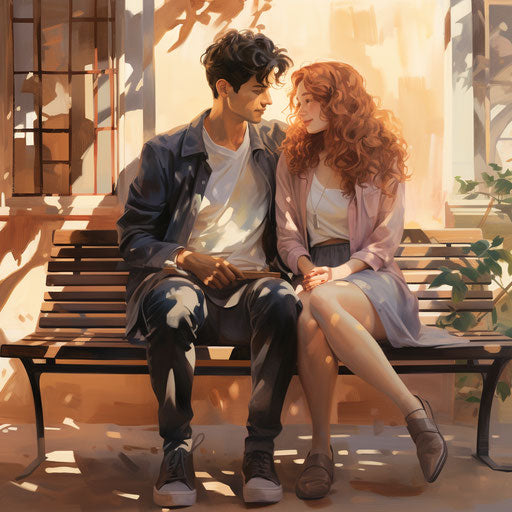 Two lovers on a sunny bench, anime-inspired, emotionally charged