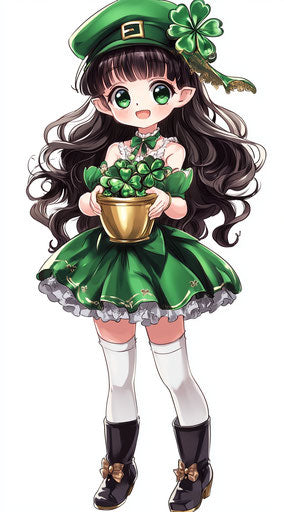 The cute girl in green with a pot of shamrocks