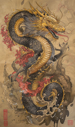 Chinese dragon symbol in red, black and gold, Franklin Booth style