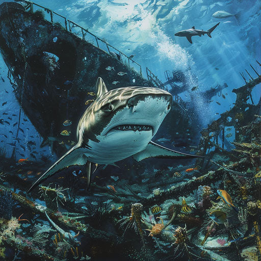 The gentle glide of a tiger shark near a shipwreck, surrounded by marine life exploring the artificial reef