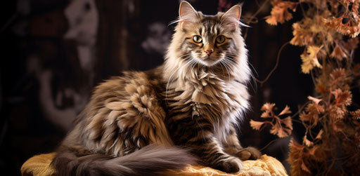 A fluffy cat on a scratching post, dark gold and light brown style