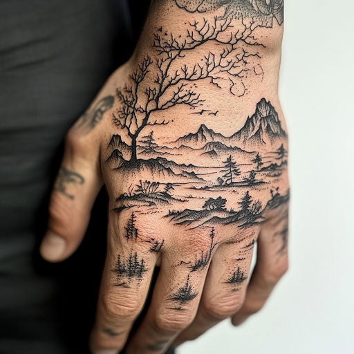 Simple hand tattoos in the style of David Palumbo with small landscapes and horizons