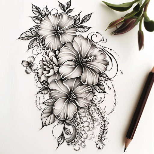 Botanical lace tattoo sketch with intertwined floral elements