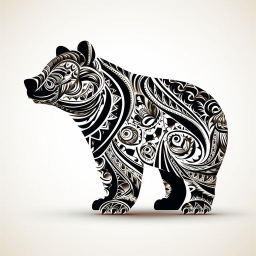 Black ornate design on white background in shape of bear, indigenous culture style, dynamic and energetic, elegant realism, bold shapes
