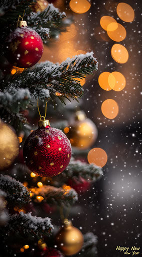 Christmas tree with red and yellow ornaments in snowfall