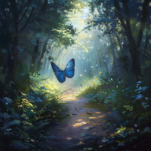 Enchanted forest path with Xerces blue butterfly