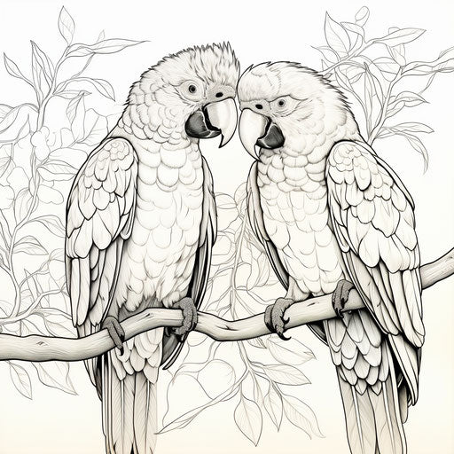 Lovely parrots on a tree branch coloring pages