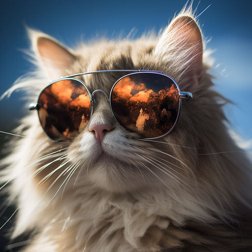 Cat with sunglasses, warmcore, unpolished, cloudcore, happening, icepunk, hard edge, solarizing