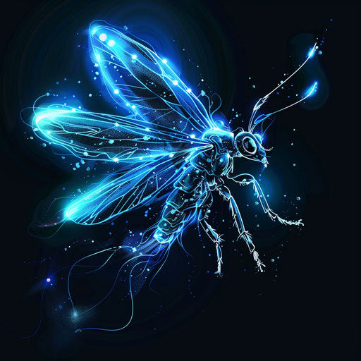 Dynamic sketch of a firefly with glowing effects and neon blue outlines in a clipart style