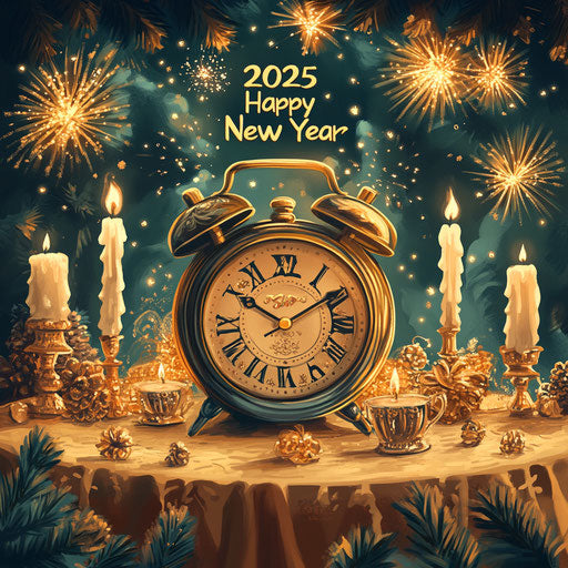 New Year's Time 2025 on Festive Table with Fireworks