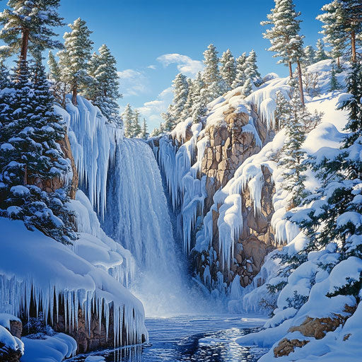 Frozen waterfall with icicles and snow-dusted pine trees