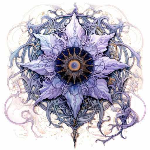 Black and white sun flower design in mystic mechanisms style