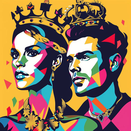 Pop art tattoo sketch of a king and queen with vibrant, contrasting color blocks, clipart flat style