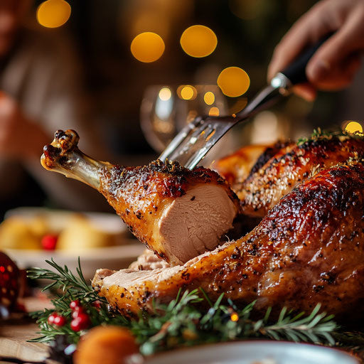Close-up of a turkey leg being carved off, juicy meat and crispy skin in focus with holiday table in the background