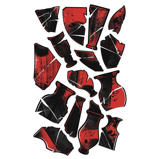 Roman pottery shards, tattoo in black and red on white background