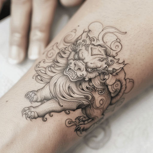 Foo dog tattoo sketch on clean white surface