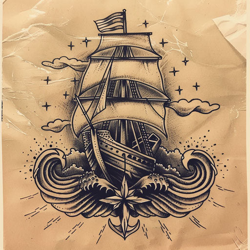 Vintage flat tattoo sketch of a boat with a nautical star and anchor