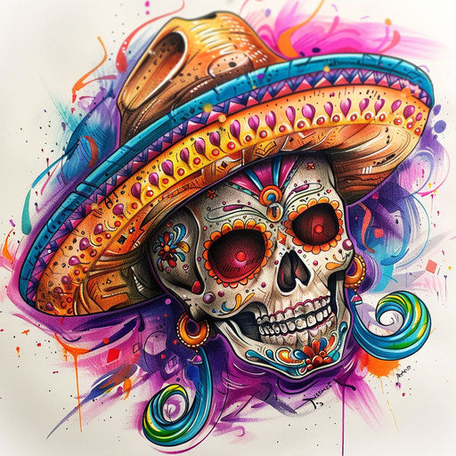 Tattoo sketch of a Chicano art calavera with sombrero, vibrant and festive
