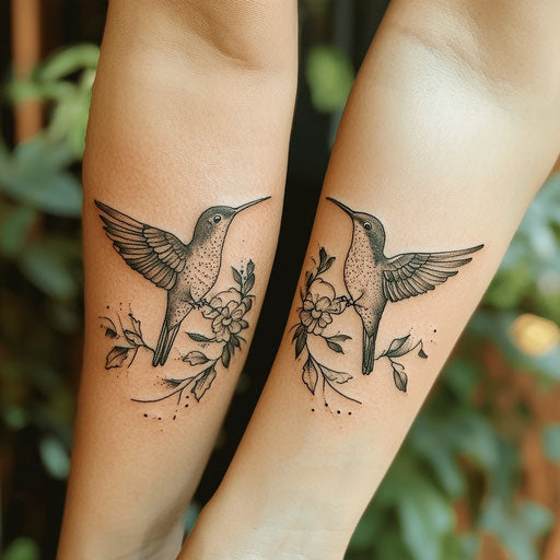 Mom daughter tattoos with hummingbirds, Ami James style