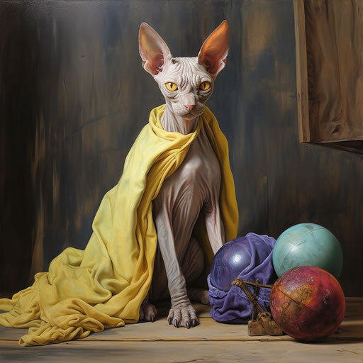 A gray sphynx cat plays with a ball in front of a wooden chest