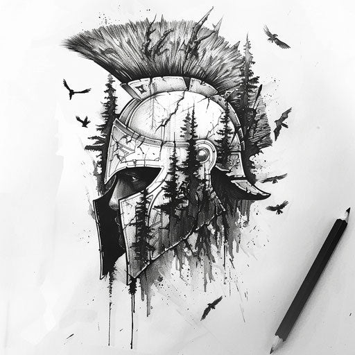 Nature-inspired spartan helmet tattoo sketch