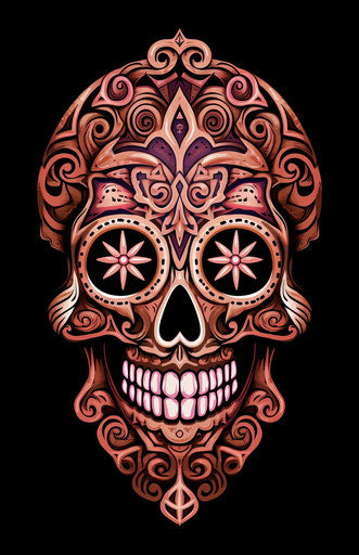 Tribal skull or ethnic ornament tribal tattoo, in the style of John McKinstry, UHD image, Indonesian art, Maori art, eye-catching detail, elongated, light pink and dark brown 83:128