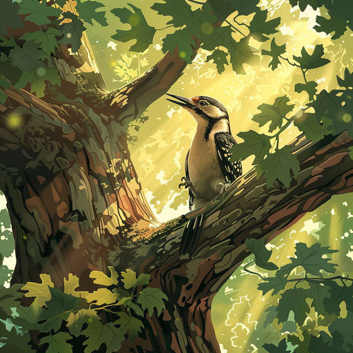 Vibrant woodpecker on ancient oak in filtered sunlight