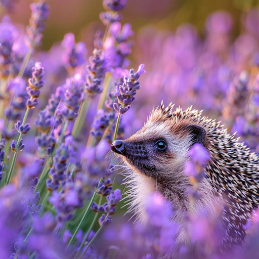 Alert hedgehog in lavender field