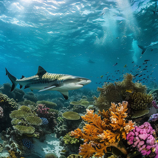Tiger shark gliding over a colorful coral garden